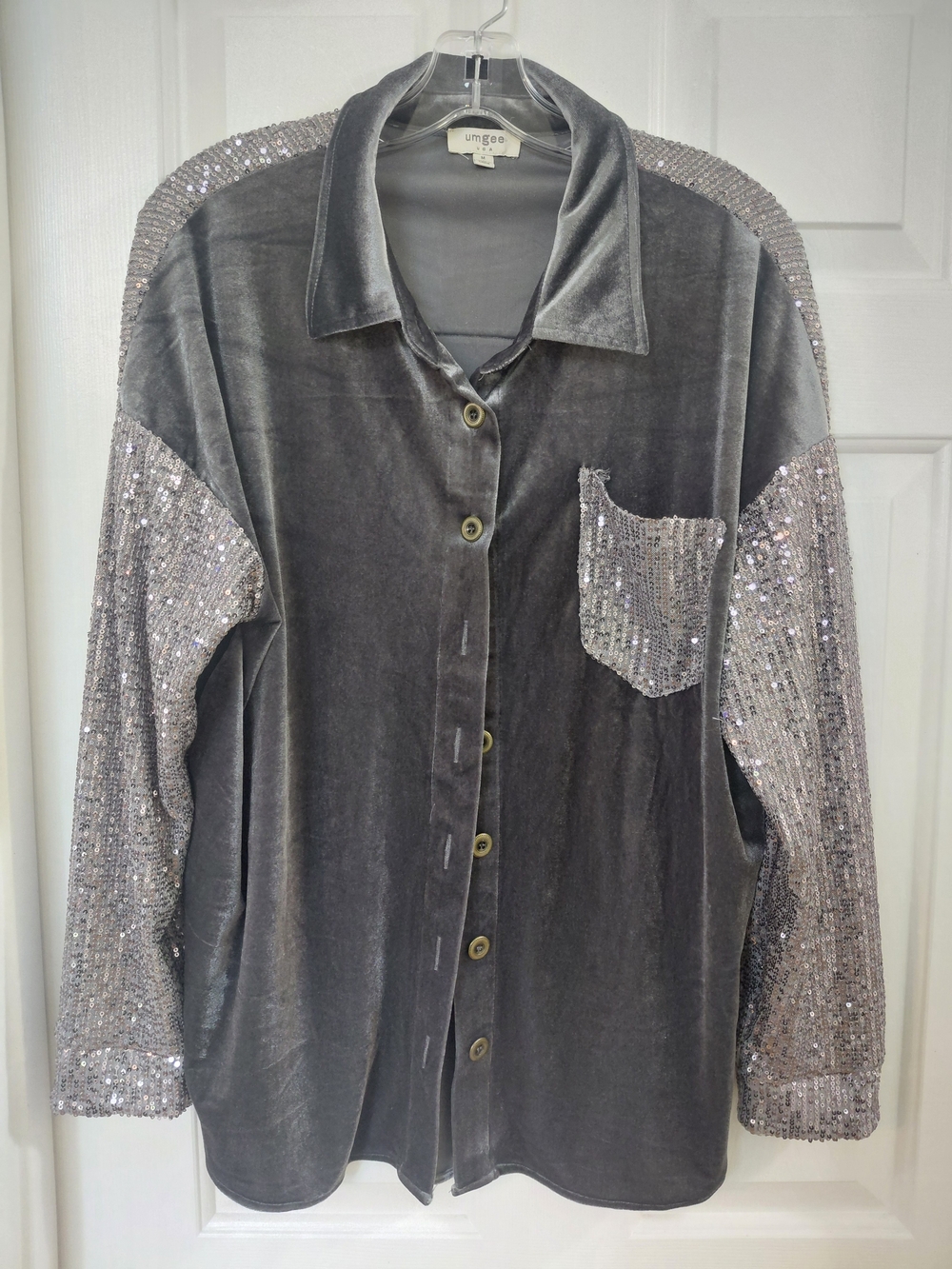 Umgee Gray Velvet Button-Down with Sequin Sleeves